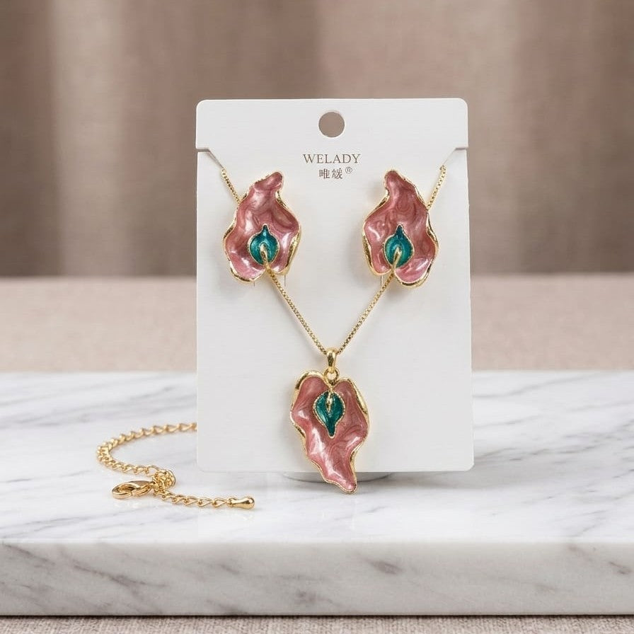Pink Leaf Pendant Set (Anti-Tarnish Necklace)