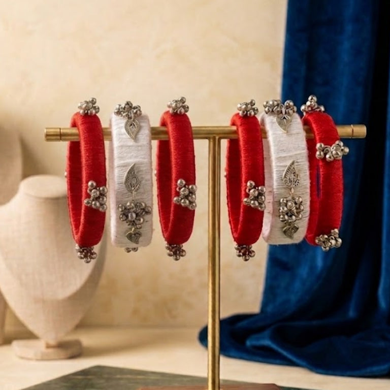 Red & White Ethnic Bangle Set (3 x 2)