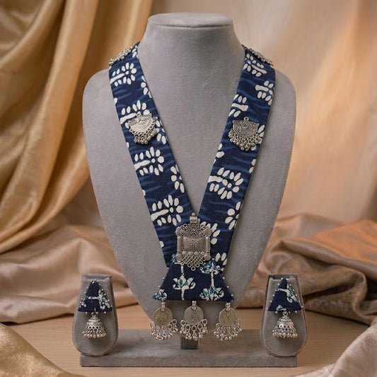 Blue Designer Fabric Long Necklace